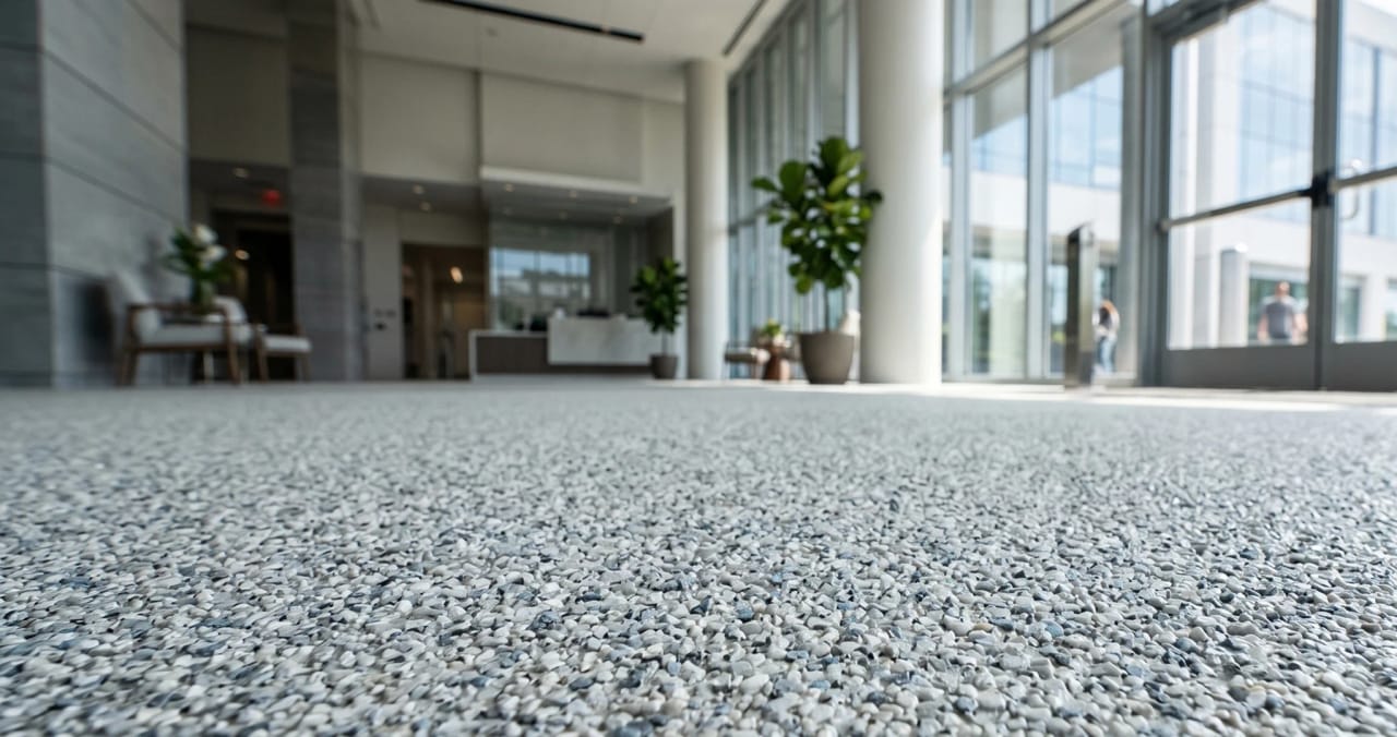 Retail showroom with custom flake commercial floor coating in Edmonton
